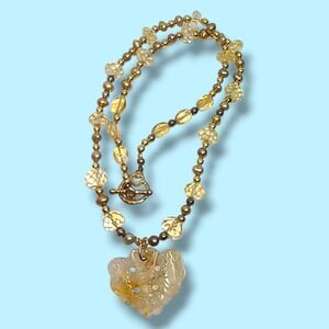 Carved Rutilated Quartz Heart Pendant Necklace Gold Tone Beads & Pearls 18"‎